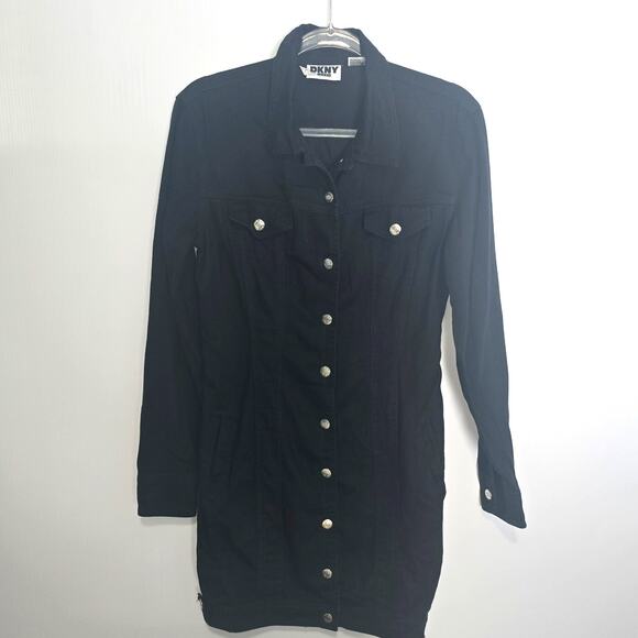 Vintage 90s DKNY Jeans Mini Black Denim Dress Trucker Style Cotton Size 10 - Picture 1 of 8